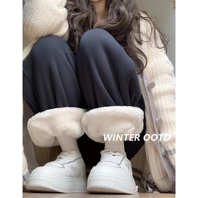 

Winter Fleece-Lined Sweatpants Women High Waist Cuffed Joggers Navy Blue Loose Fit Trousers for Petite