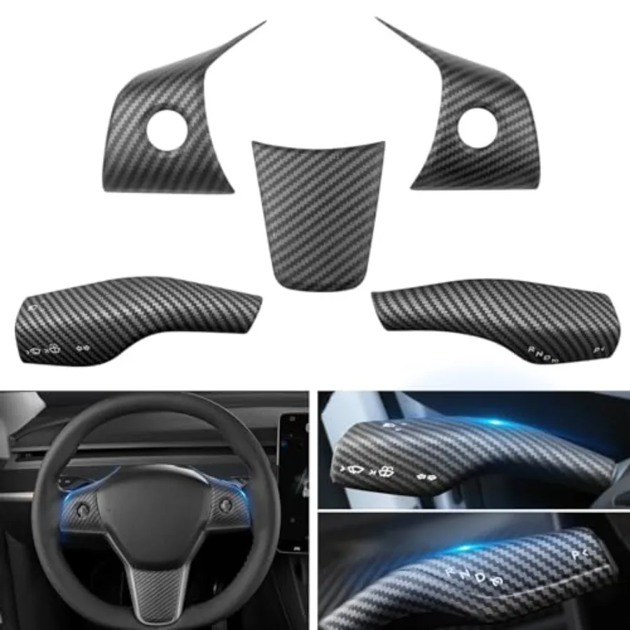 

Steering Wheel Trim and Gear Shift Cover Compatible with 2019-2024 Model Y 2021-2023 Model 3, Carbon Fiber Steering Wheel Panel