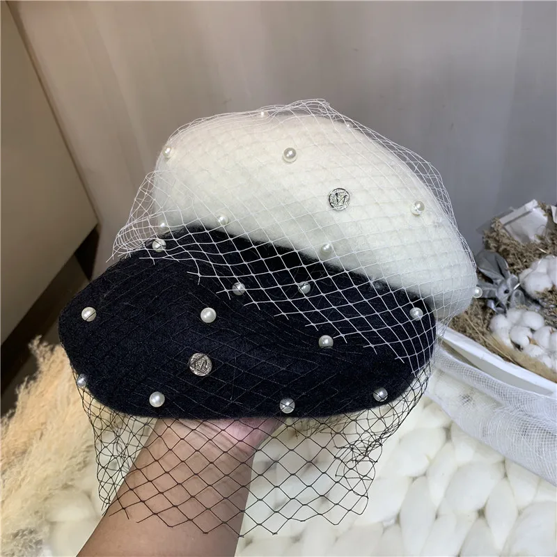 Fascinating Mesh Veil Wool Beret Fashion Letter M Women\'s Pearls Winter Warm Berets Vintage Felt French Painter Hat Female Caps