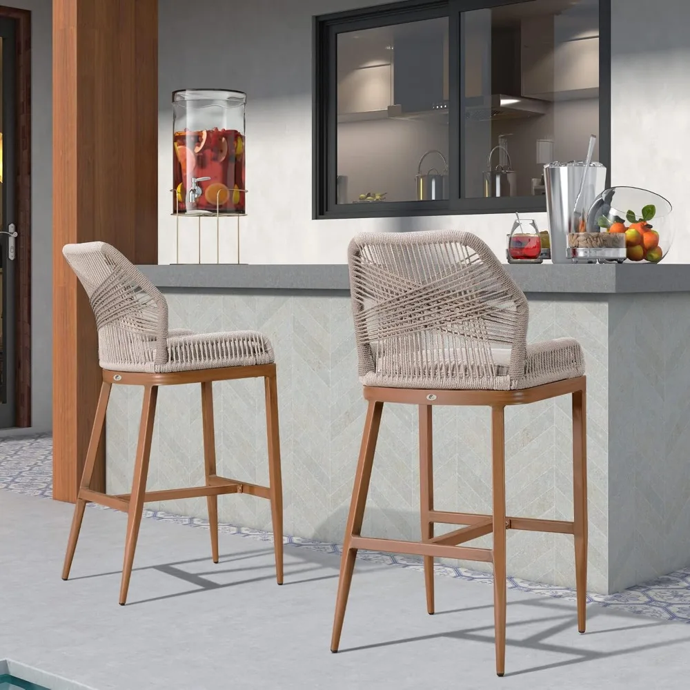 

Outdoor Counter Height Bar Stools Chair Set of 2 Modern Patio Metal Stools with Backrest and Arm, Cushions Included