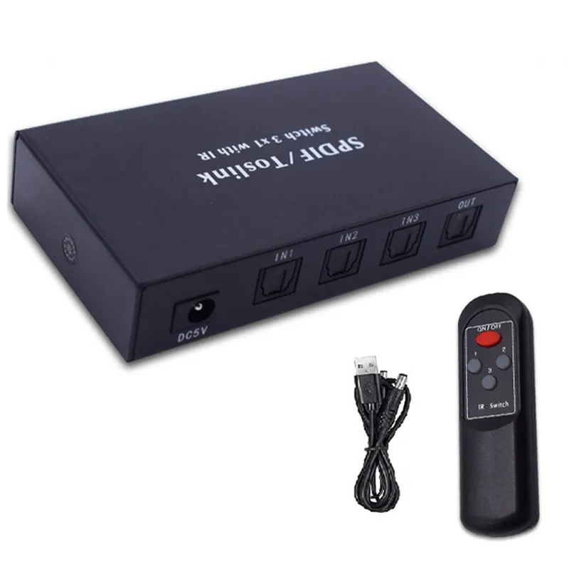 Conmutador Óptico con Divisor de Audio Digital Óptico Spdif Toslink de 2 Vías, 3 Entradas y 1 Salida, con Control Remoto IR