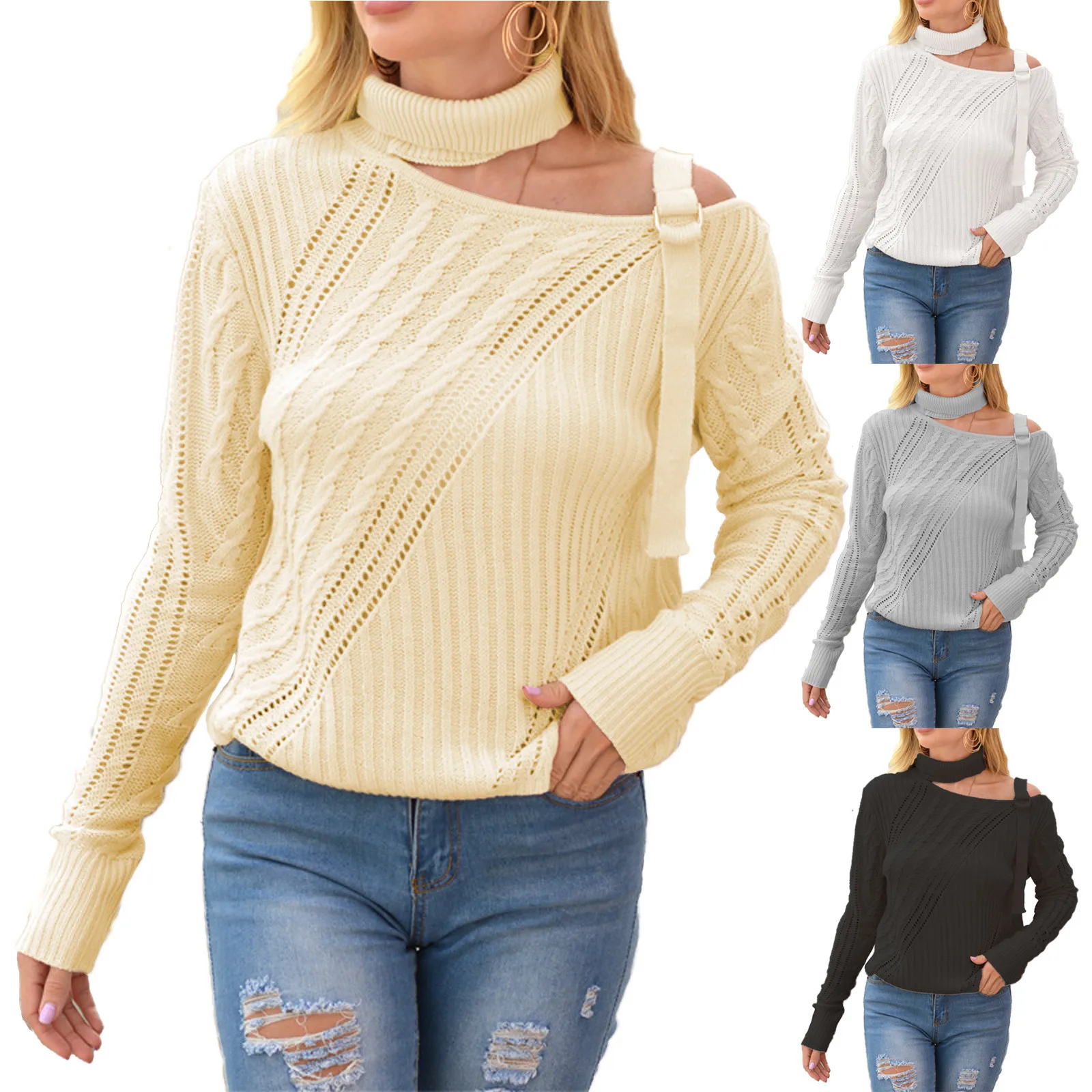 One-shoulder Sweater Winter Hanging Neck Strapless Irregular Long-sleeved Sexy Solid Color Street Hollow Knitted Sweater tops