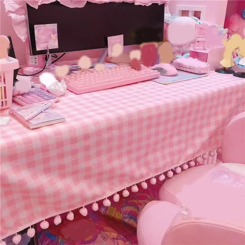 Ins Kawaii Girls Hot Pink Tablecloth Rectangular Cotton Wallpaper Mat Plaid Desk Cloth Dormitory Computer
