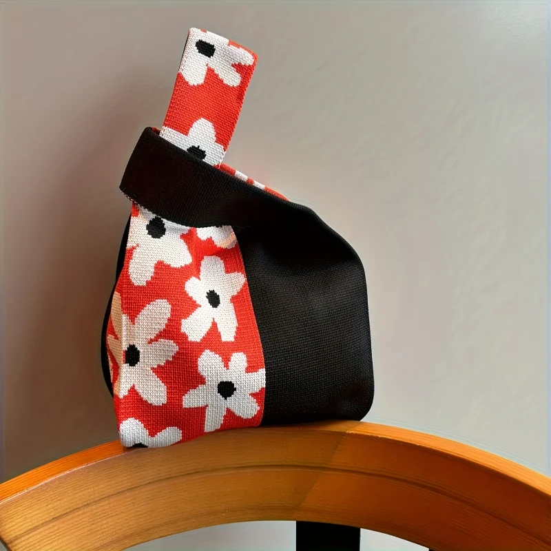 Colorblock Flower Pattern Knitted Satchel Bag, Versatile Mini Shopping Handbag