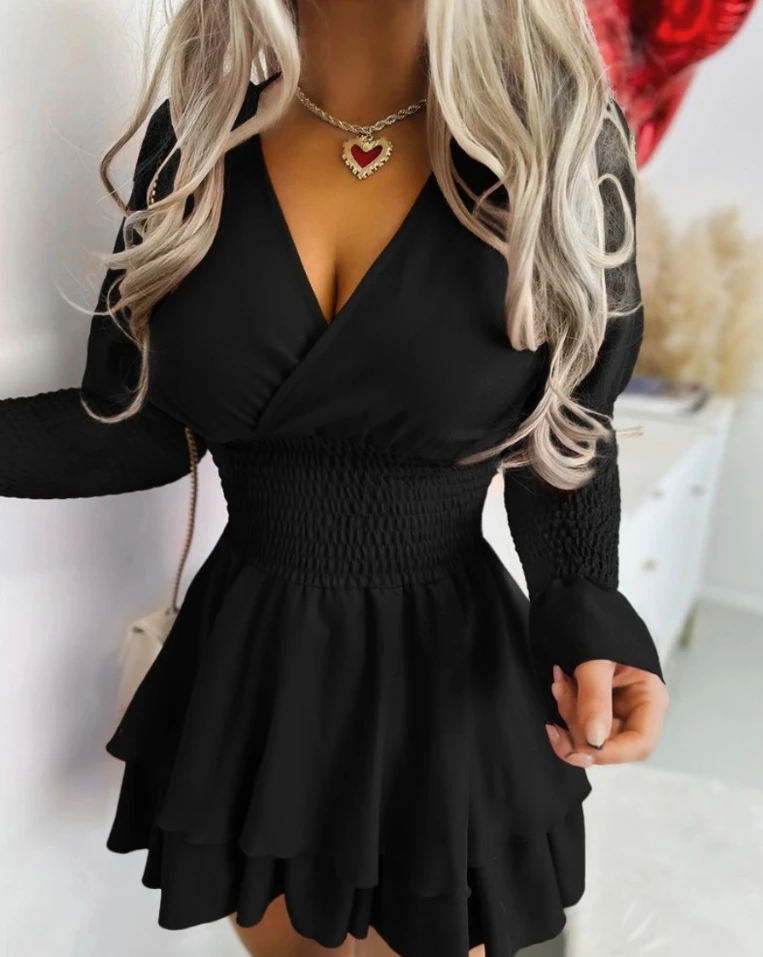 2024 Autumn Spring New Fashion Casual Dresses for Women Elegant Sexy V-Neck Lace Long Sleeved Waist Cinching Dress for Women