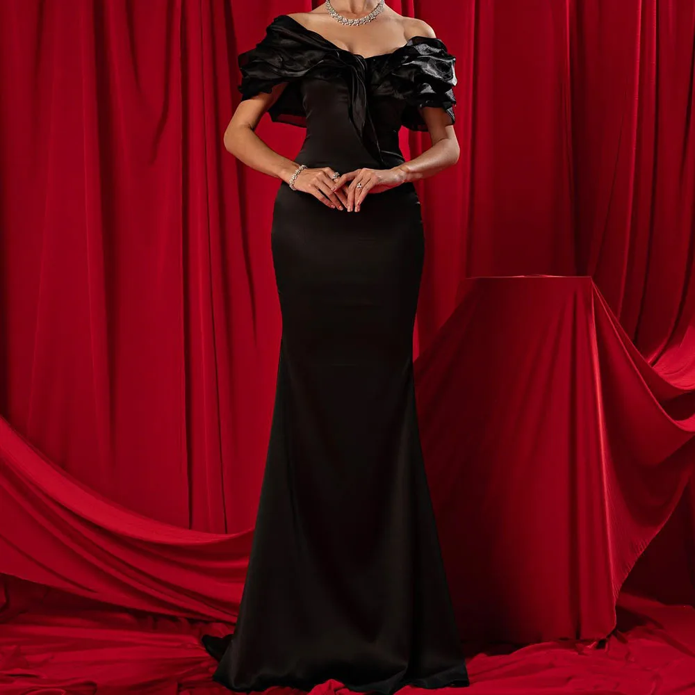 Temperament Satin Mermaid Off the Shoulder Evening Dress Strapless Zipper Back Floor Length Half Sleeves Panel Train Classic