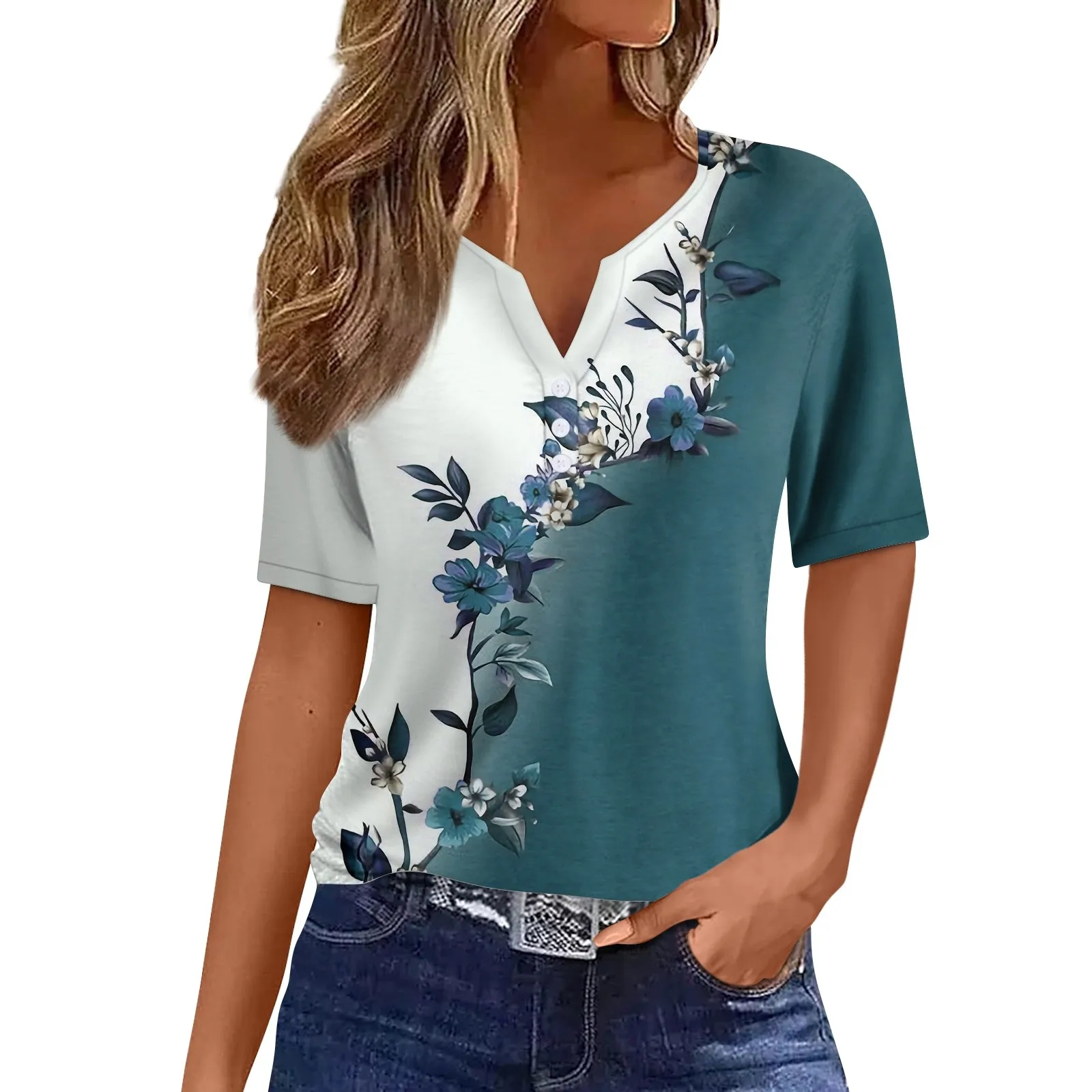 Women\'s Clothing Summer 2024 Tee Print Button Short Sleeve Daily Weekend Fashion Basic Top Dress Blouses