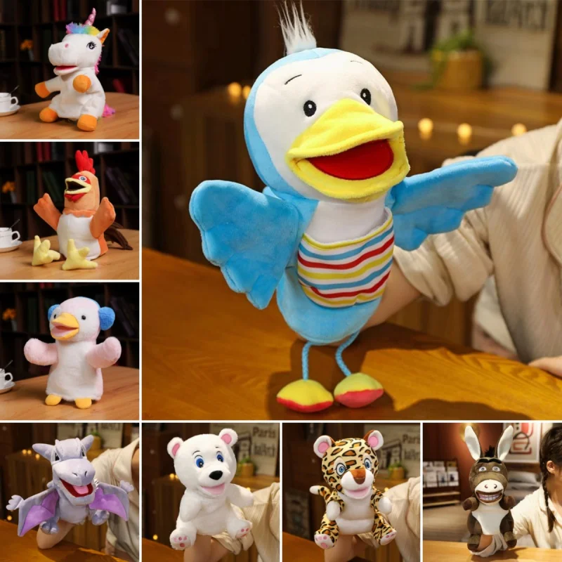 Kawaii dinossauro unicórnio galo fantoche de mão de pelúcia bonito animal de pelúcia cavalo coelho brinquedo de pelúcia boneca educacional presente para crianças