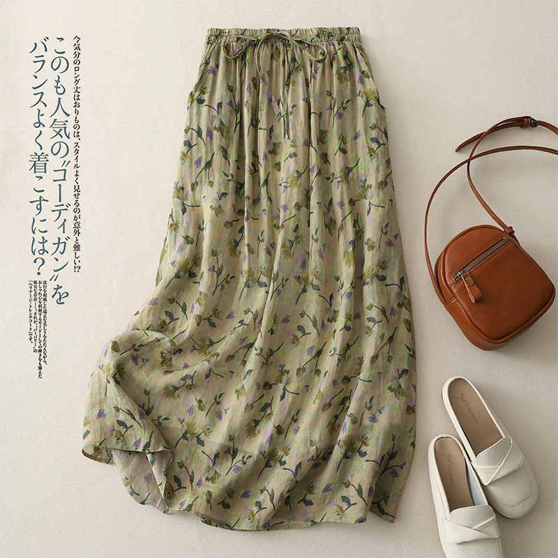 Linen Printed Double High-waisted Bustier Female Summer New Retro Literary Loose Temperament Leisure Long Half-body Skirt