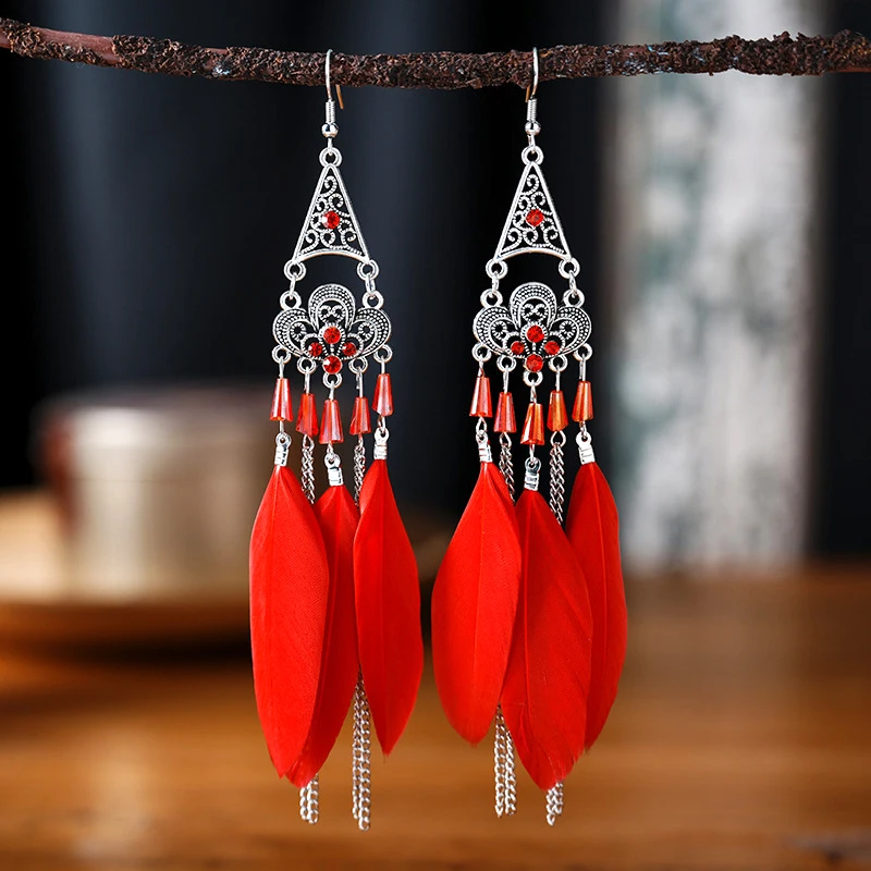 Bohemian Ethnic Long Feather Earrings For Women Retro Elegant Colorful Rhinestone Crystal Drop Earring Female Jewelry Pendientes