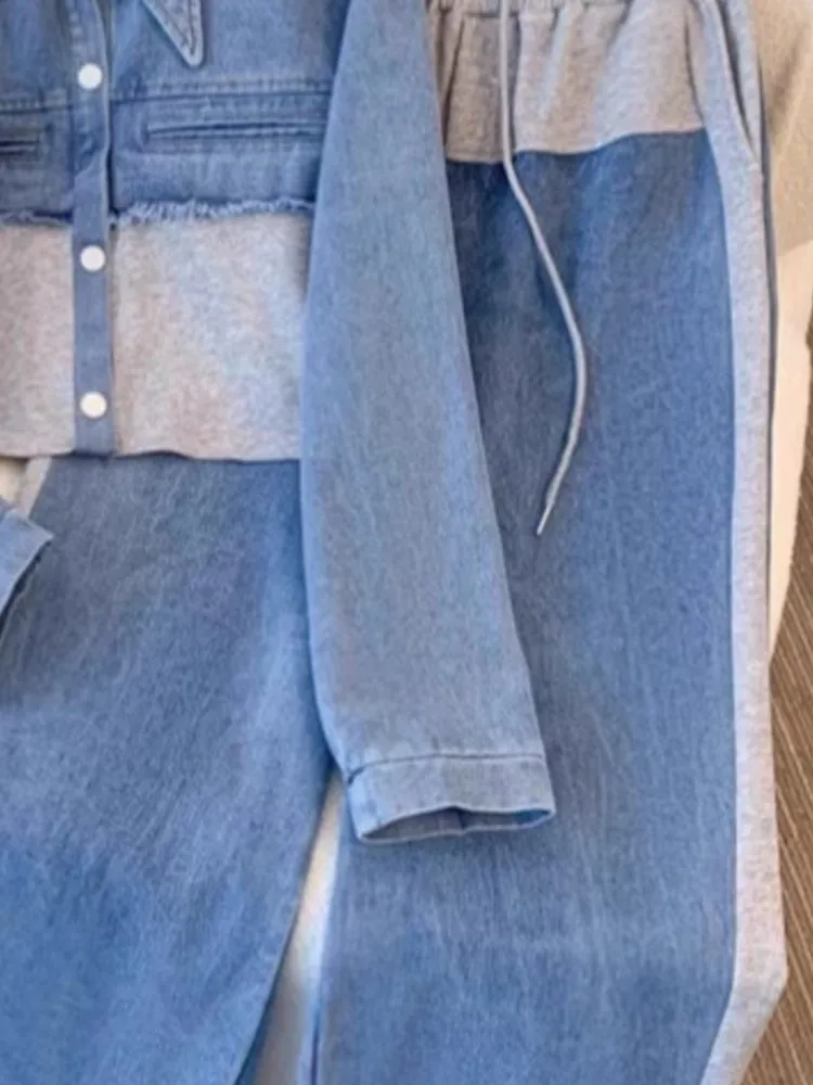 الأزرق المرقعة السراويل مجموعات النساء أزياء طويلة الأكمام واحدة الصدر سترة قصيرة مستقيم السراويل قطعتين مجموعة الإناث الجديدة