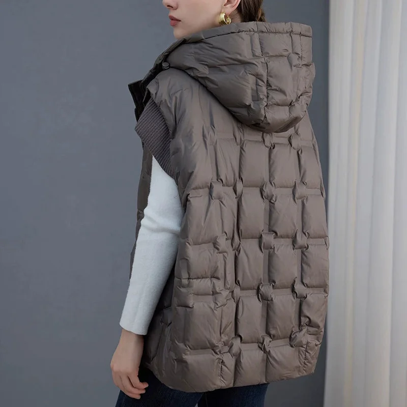 Schinteon Women White Duck Down Vest Loose Sleeveless Jacket with Hood Autumn Winter Knitted Patchwork Office Lady Top New 2026