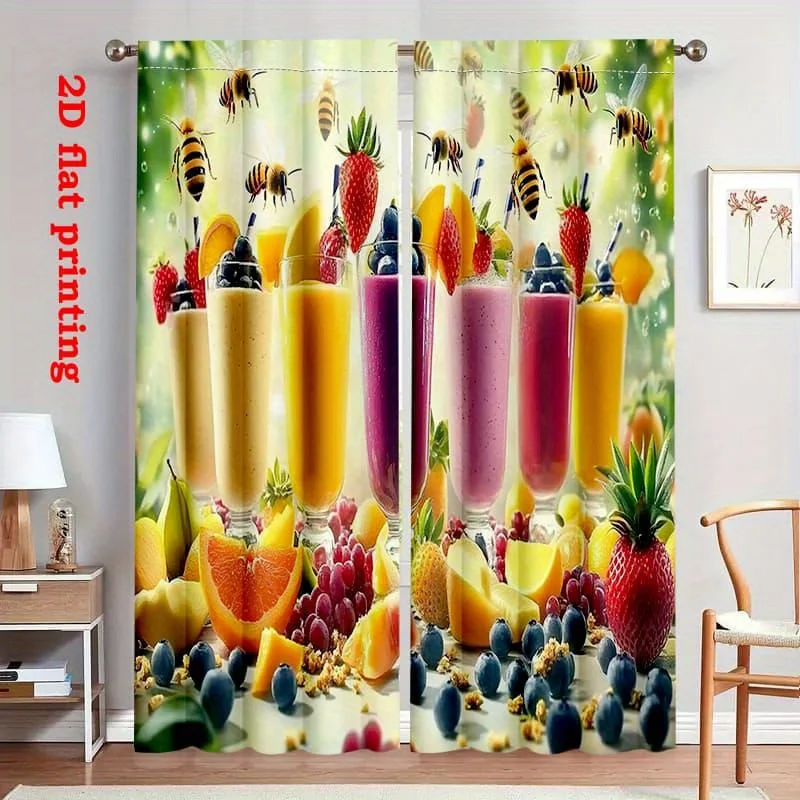 Fruit Juice Curtain, Fresh Smoothie Bee Print Drape, Colorful Food Pattern Window Treatment for Kitchen Dining Room Home Decor