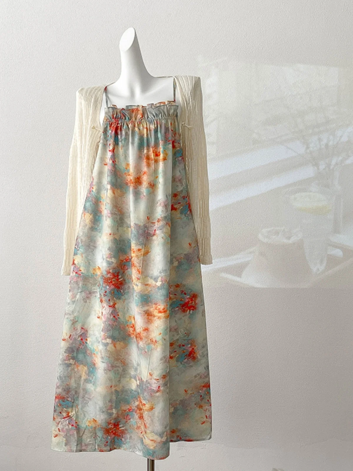 

Vintage Floral Suspender Dresses Women Summer New High Waist Slim A-Line Gown Lady Beach Holiday Long Sundress
