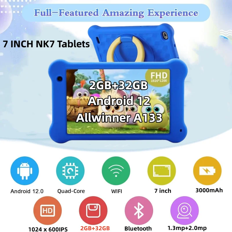 Capa de borracha para presente, tablets android 12 de 7 polegadas, allwinner a133, processador quad core, tablet pc 2gb + 32gb 1024*600 ips tipo-c,