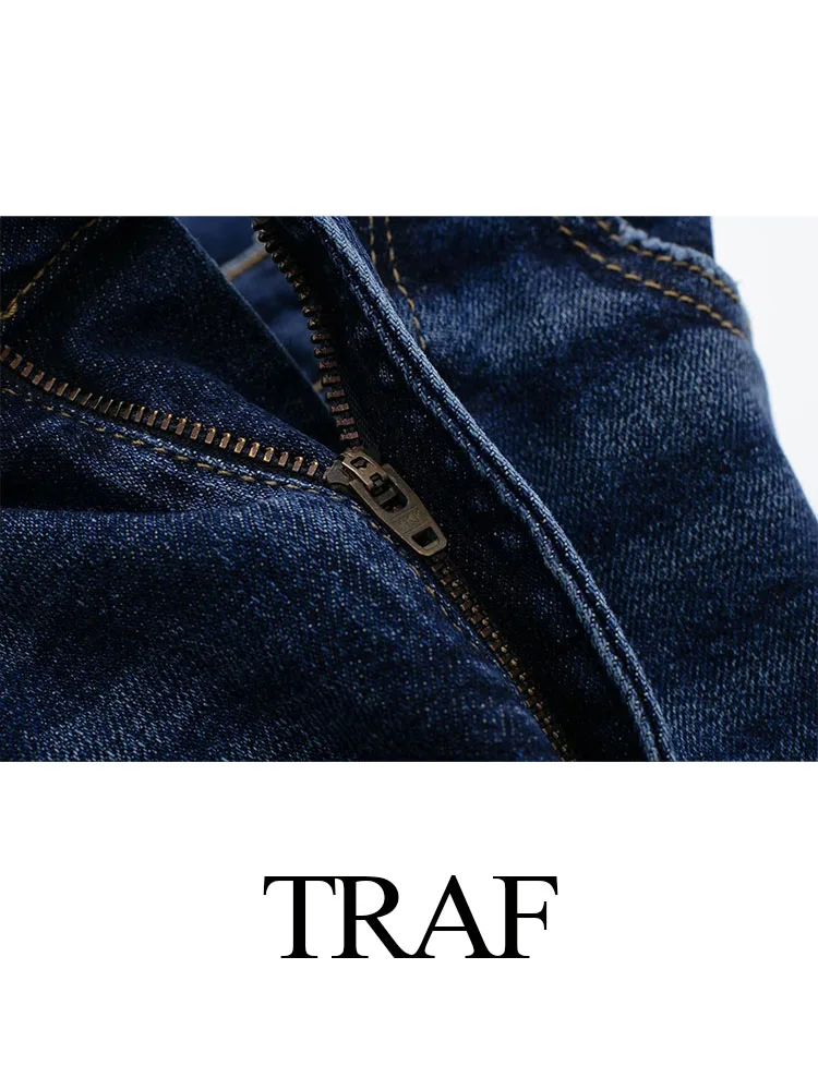 TRAF 2023 Autumn Women\'s Fashion Long Pants Solid Black High Waist Pockets Button Zipper Jeans Female High Street Denim Pants