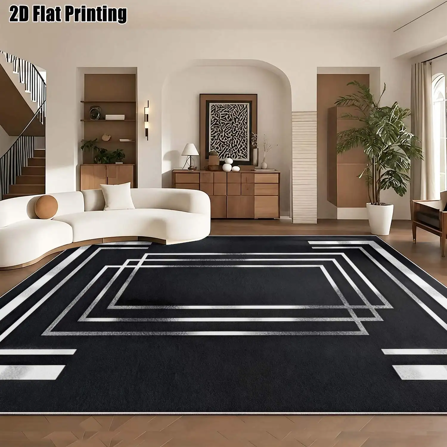 1Pc 2D Printed Velvet Carpet, Silver-Black Geometric Lines, Modern Simple Home Decor Mat, Multi-Size Machine Washable, for Entrance/Dining/Bedroom/Living Room