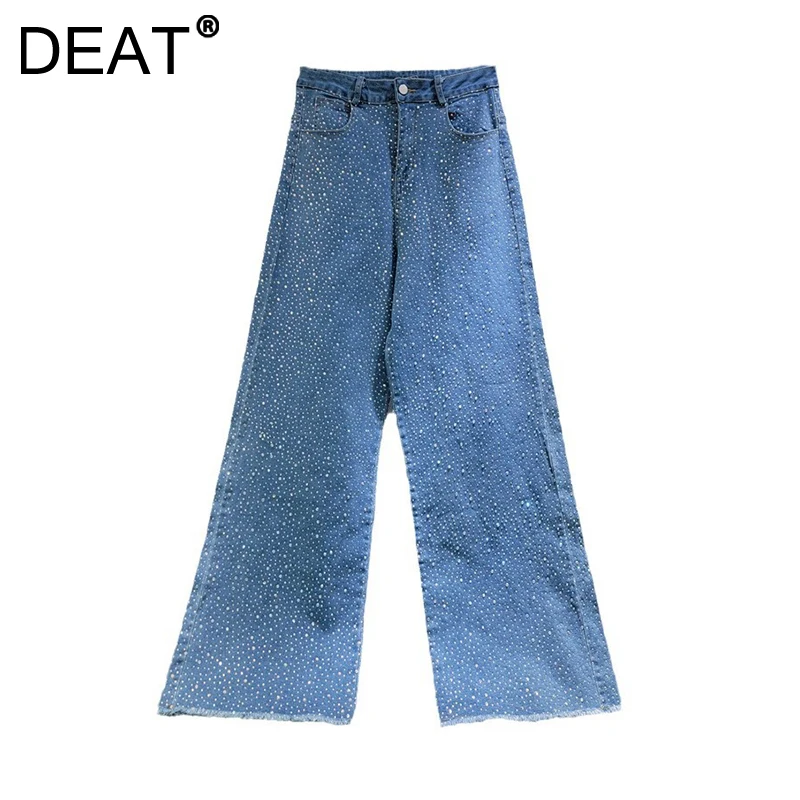 DEAT Women's Jeans Stretch Double Side Diamonds Loose High Waist Straight Burrs Edge Denim Pants 2025 New Fashion Spring 29L9321