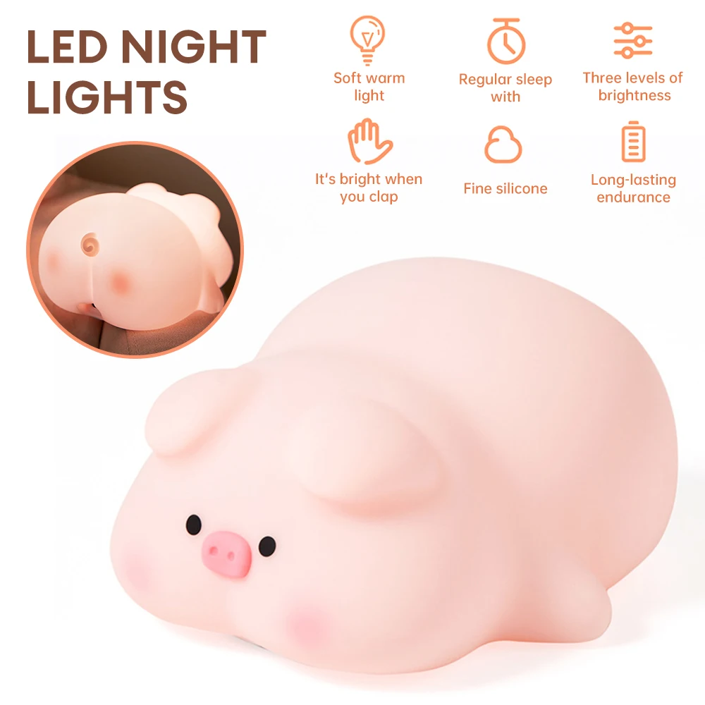 Pink Piglet Night Light Cute Silicone Piglet Light Led Charging Light 3 Level Dimmer Timer Bedside Touch Light Children's Gift