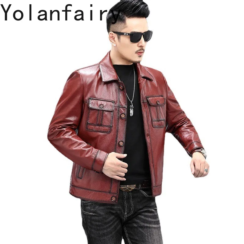 

YOLANFAIRY Genuine Leather Cow Skin Jackets for Men Spring Autumn Korean Coats Motorcycle Jacket Casual Chamarras De Piel