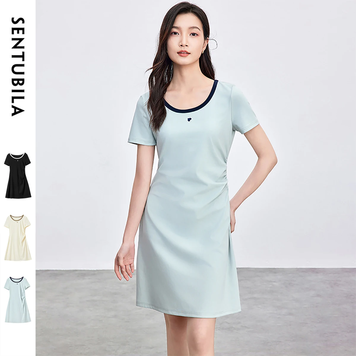 

SENTUBILA Summer Dresses 2025 Woman Cotton Spliced U Collar Embroidery Commuter A-Line Female Birthday Mini Blue Dress 152L59187