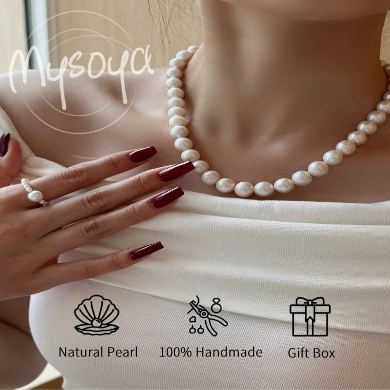 

MYSOYA Ожерелье из белого пресноводного жемчуга Эдисона 9-11 мм с подарочной коробкой, для нее/его, на день рождения/свадьбу/Рождество/новогодний подарок