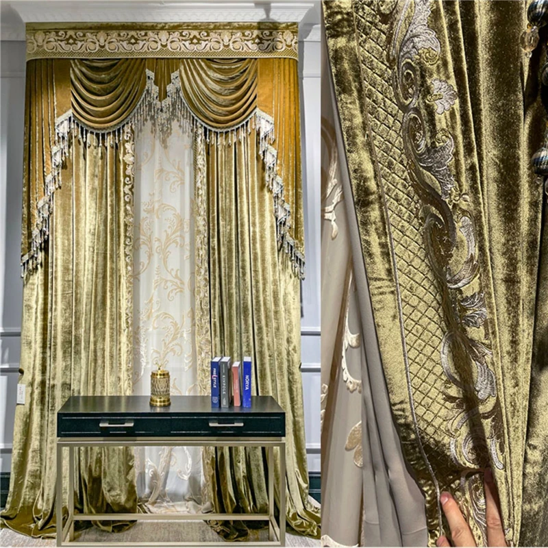 Custom upscale European vintage velvet living room bedroom high window gold cloth blackout curtain tulle valance drape C1718