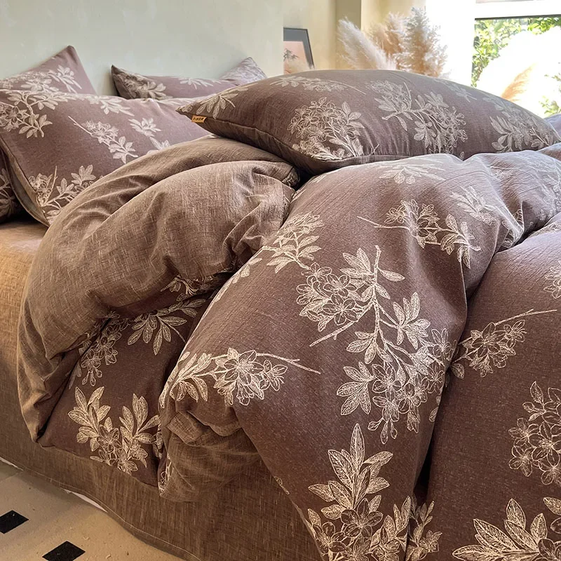 Class-A Vintage Floral Printing Bedding Set Luxury Crepe Yarn Soft Bedclothes for Four Seasons Non-Fading Washed Home Textiles