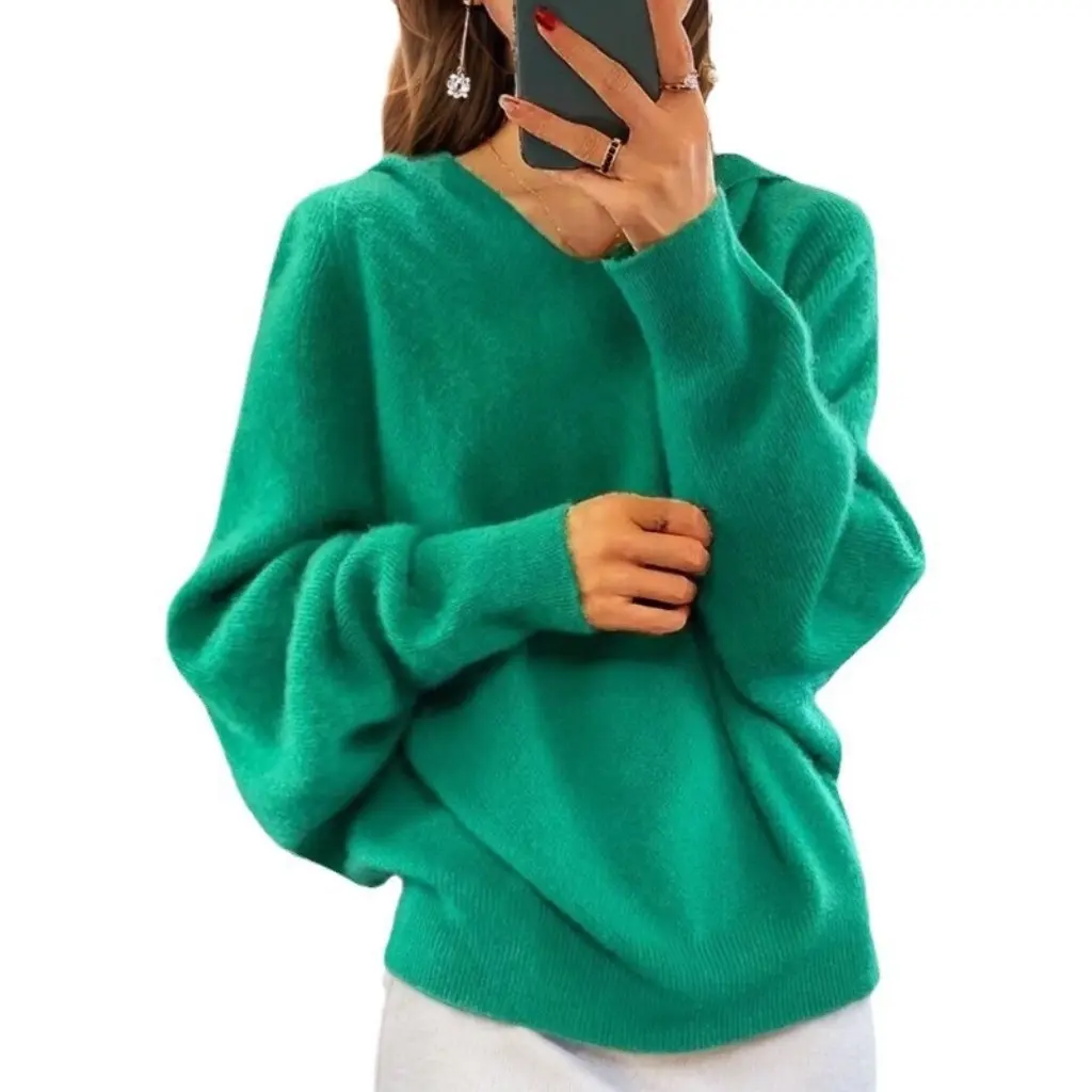 

Women's Casual Loose Bat Sleeve Hooded Knitwear Pullover Solid Color Sweater Autumn Winter New