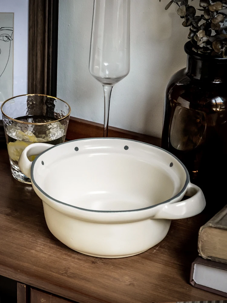 Vintage Polka Dot Double Ear Soup Bowl Thickened Matte Ceramic Bowl for Noodles and Snacks