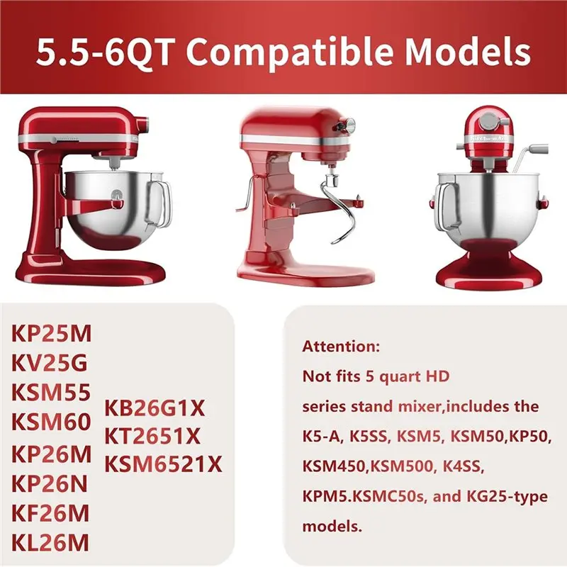 

A60T Effortless For Kitchenaid 5.5-6QT Mixer, Stainless Steel 3-Piece Attachments- Flat Beater, Dough Hook, 6-Wire Whip For Stan