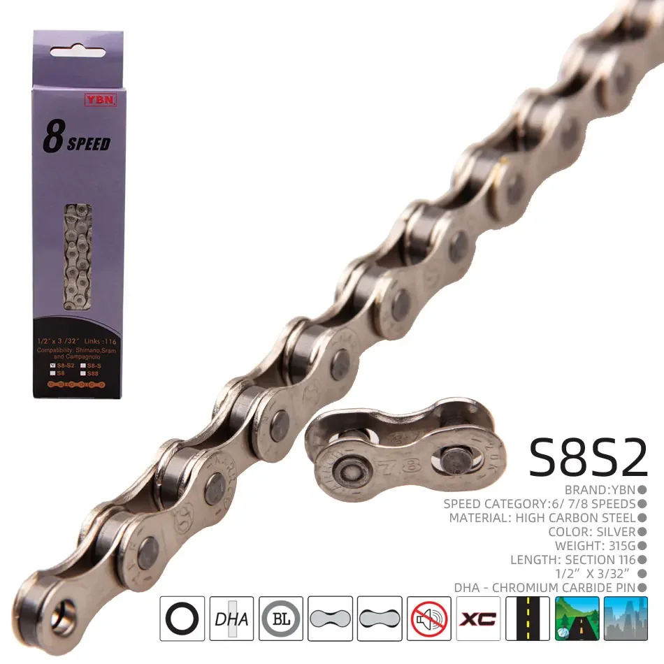 Free Shipping Taiwan YBN S8 S8-S2 Bicycle Chain 6 7 8 18 21 24 Speed Mountain Road Bike 116 Length Bicycles Chains Silver Gray - view 3