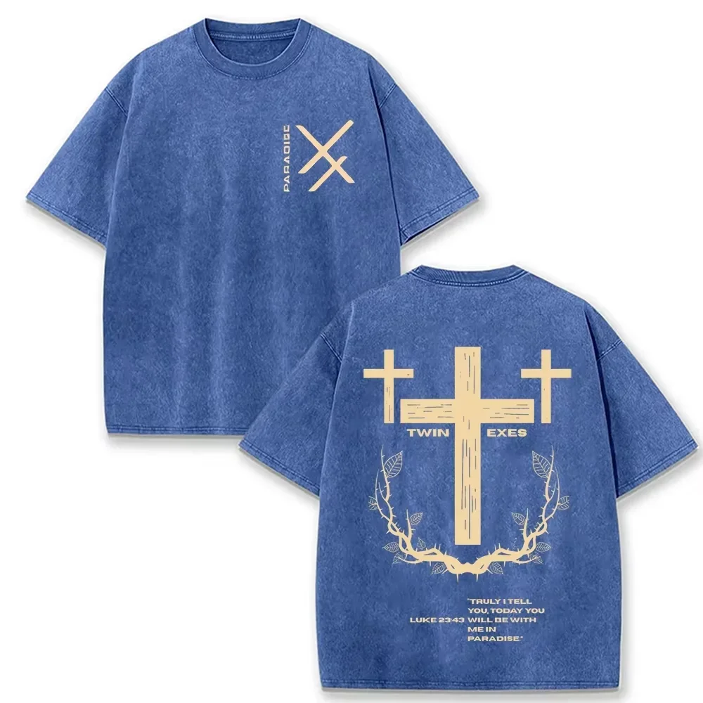 Retro Acid Wash Oversized T-Shirt mit Christlichem Kreuz und Paradies-Schriftzug, Lässiges Streetwear-T-Shirt für Männer und Frauen – Detail 7