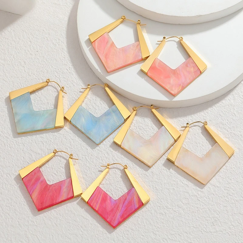 Loe | Coloreful  Rhombus Geometric Earring Stainless Steel Women Vintage Elegant Ear Jewelry Gold Color New