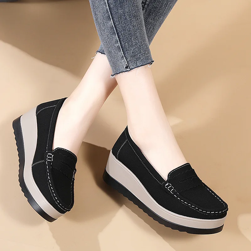 Spring Autumn Women Flats Platform Loafers Ladies Cow Suede Genuine Leather Comfort Wedge Moccasins Slip On Casual Shoes