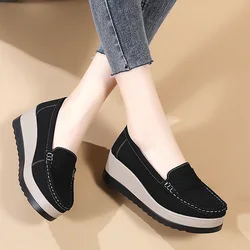 Spring Autumn Women Flats Platform Loafers Ladies Cow Suede Genuine Leather Comfort Wedge Moccasins Slip On Casual Shoes