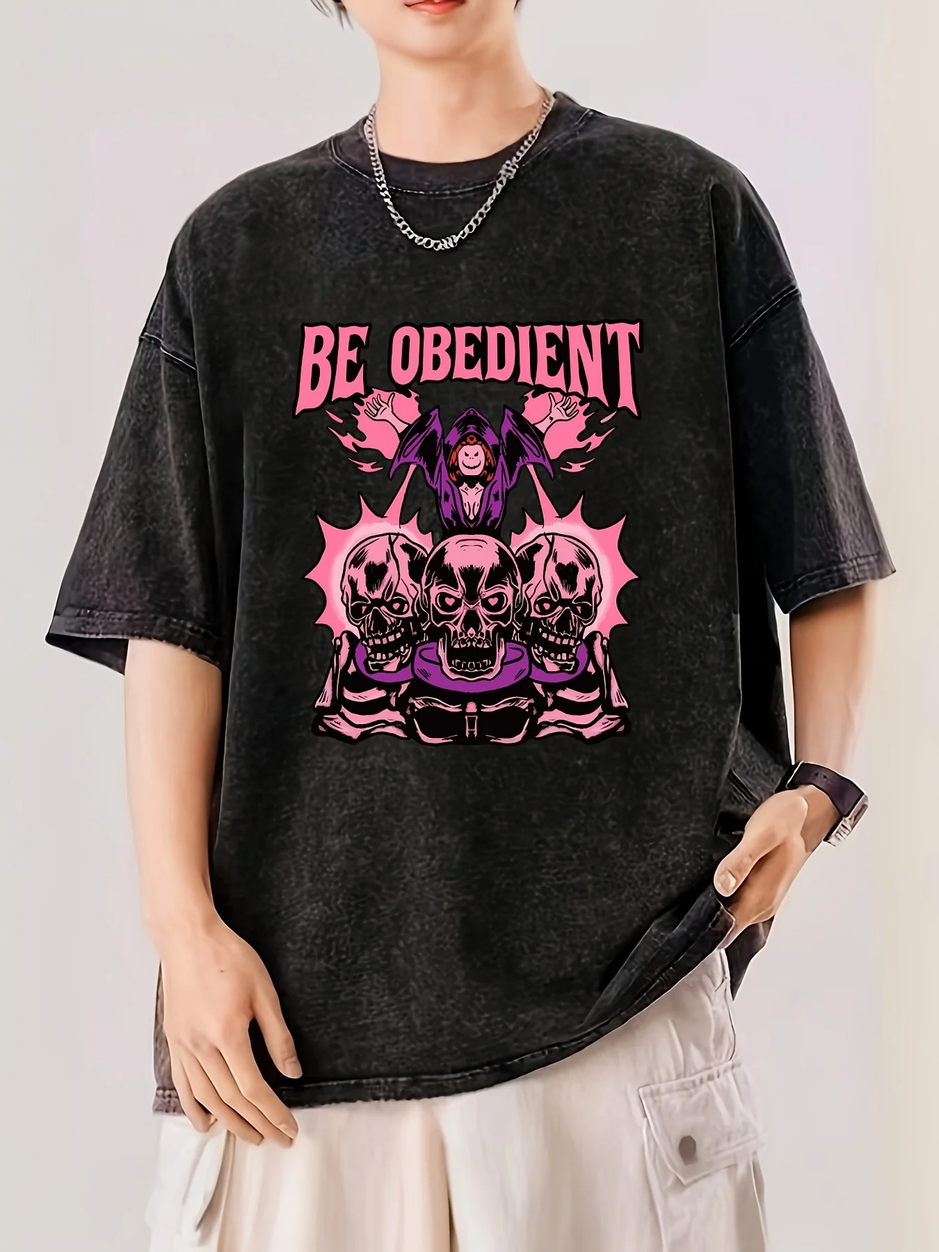 Camiseta de algodón puro para hombre con estampado de cazador de brujas, estilo vintage lavado, a la moda y retro, ideal para el verano.