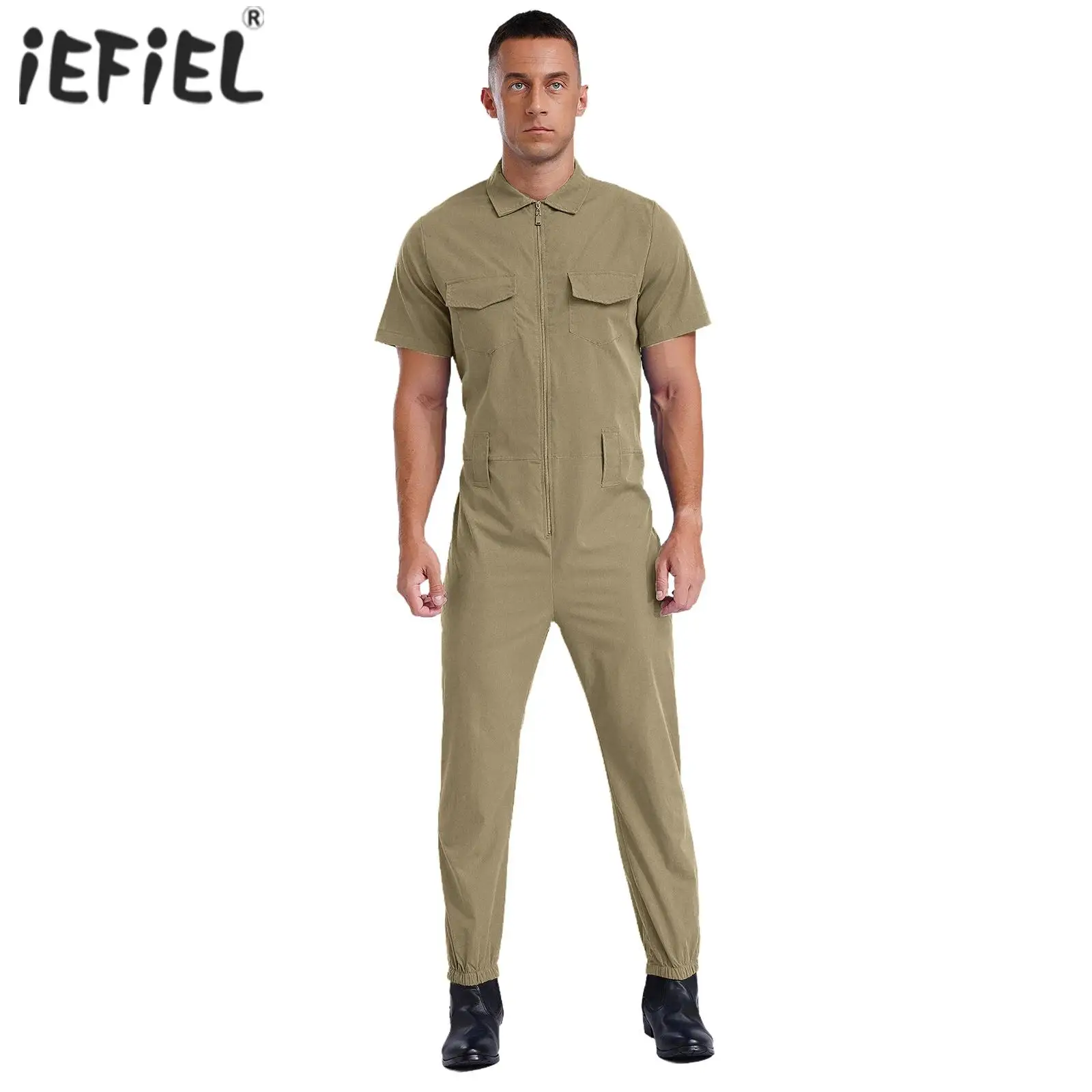 Macacão masculino com zíper frontal, macacão, manga curta, macacão casual, macacão de trabalho com bolsos, uniforme de oficina de fábrica