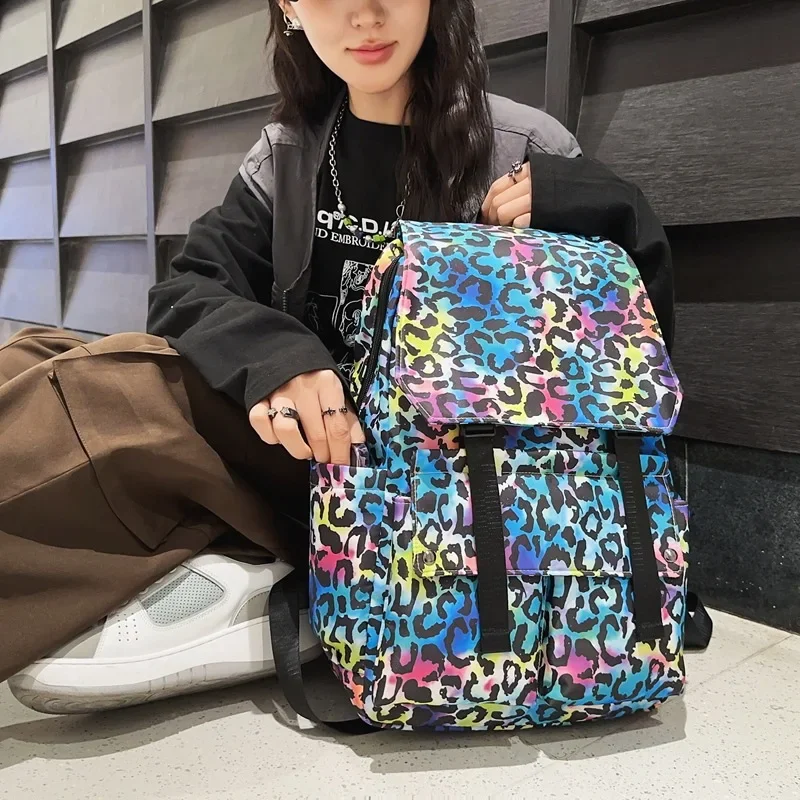 Korean Fashion Casual High-capacity Backpack Y2k Harajuku Leopard Schoolbag All Match Women Luxury Design Backpacks for Students