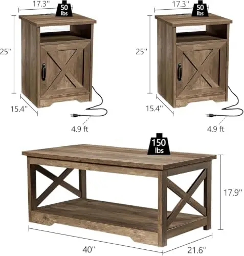 3-Piece Farmhouse Living Room Table Sets, Includes 1 x Coffee Table, 2 x End Tables with Charging Station & USB Ports