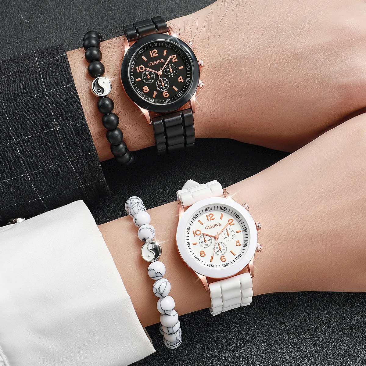 4PCS/Set Women\'s Fashion Watch Silicone Strap Couple Quartz Watch With Black White Bagua Beaded Bracelet