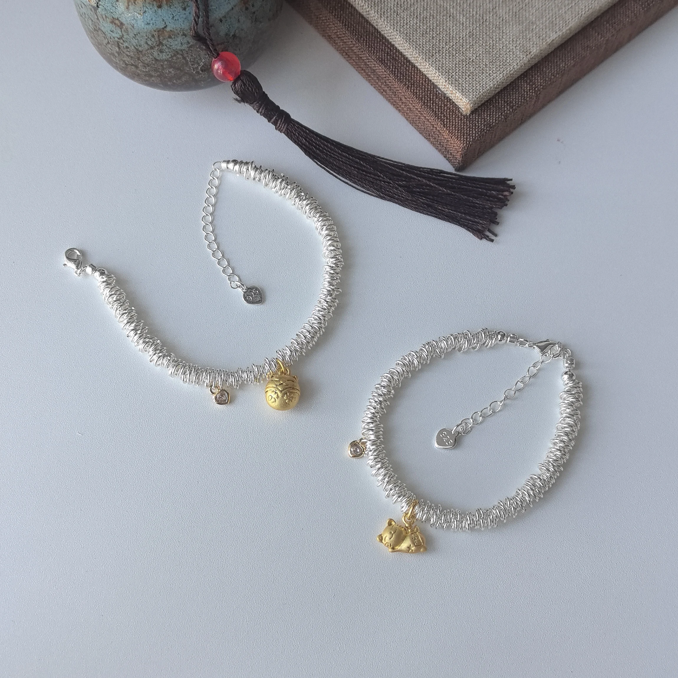 925 Sterling Silver Bracelet Lucky Cat Good Wish Heart Vintage Gold Color For Woman Girl Fashion Jewelry Gift Dropship Wholesale