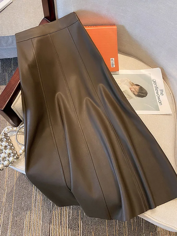 Retro PU Leather Half Skirt with Draping High Waist Hepburn Style Women's Autumn Winter Mid-Length Slim A-Line Skirt