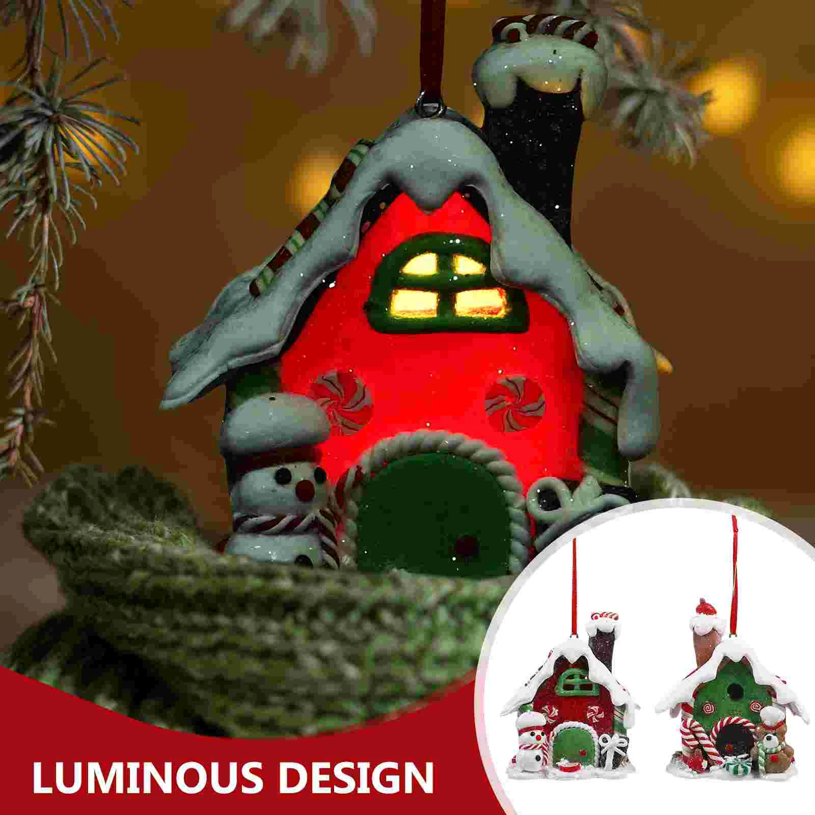 2 Pcs Christmas Gingerbread House Decor Home Decoration Candy Polymer Clay Lighted Tabletop Small Ornaments Gift Party