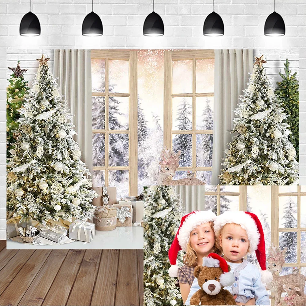 

Christmas Retro White Wall Window Photography Background Xmas Tree Toy Gift Snowflake Backsrop Children Home Studio Photobooth
