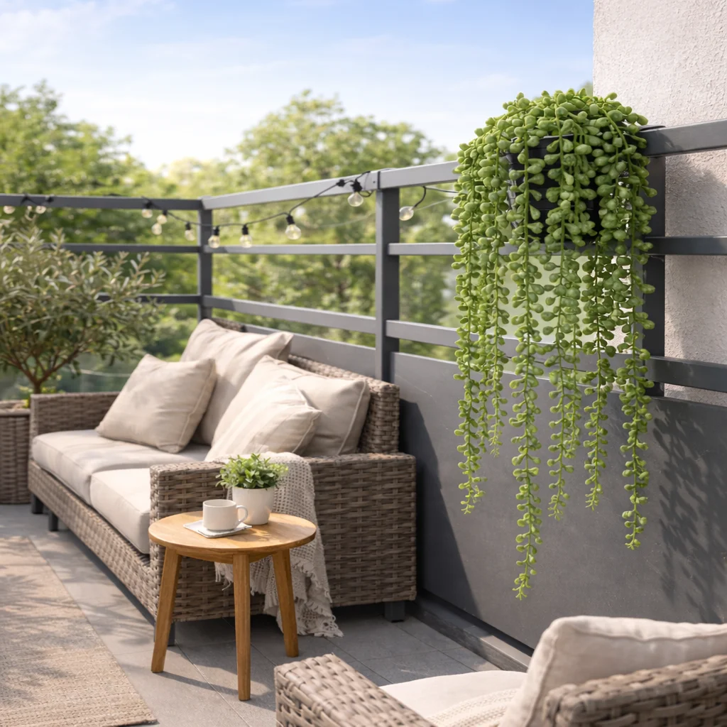 Künstliche Perlenketten-Pflanzen, künstliche hängende Sukkulenten im Topf für Innen- und Außenbereich, Regal, Schreibtisch, Fenster, Haus, Garten, Bürodekoration – Detail 5