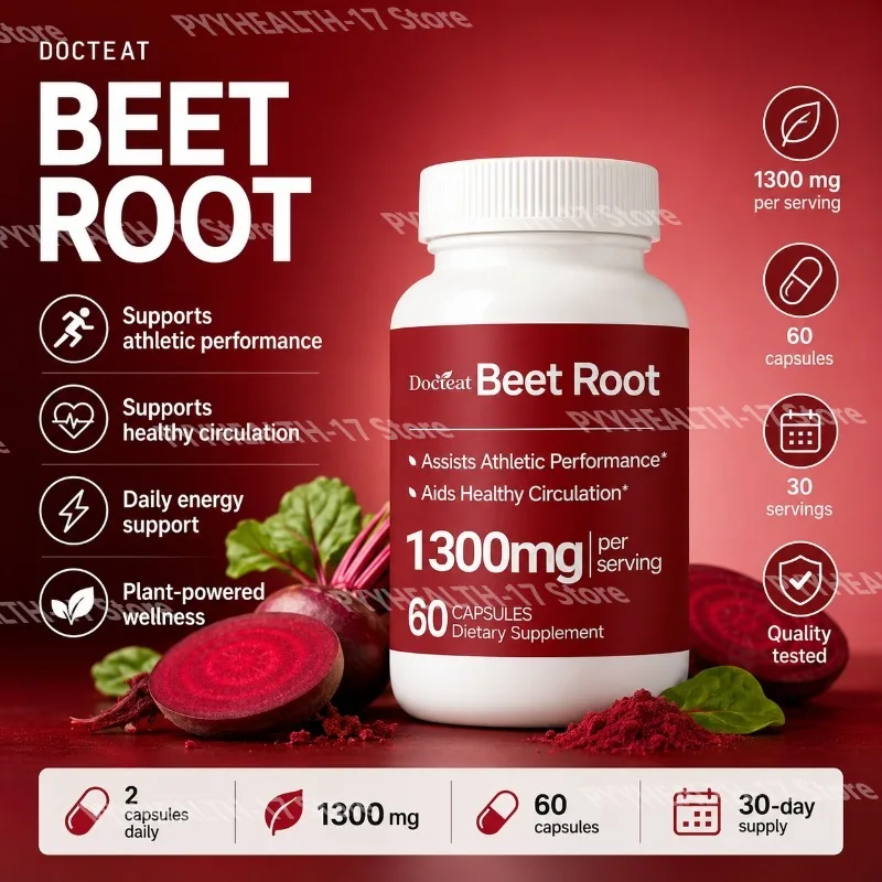 Doctreat Beet Root Extract Capsules 1300mg Per Serving Assists Athletic Performance and Aids Healthy Circulation 60 Capsules