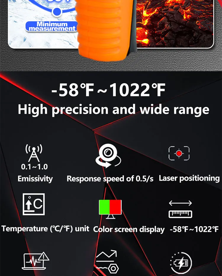 Hochempfindliche digitale Infrarot-Messpistole, Hygrometer, Hintergrundbeleuchtung, Bildschirm, Laserpositionierung, berührungslose Temperatur – Detail 2