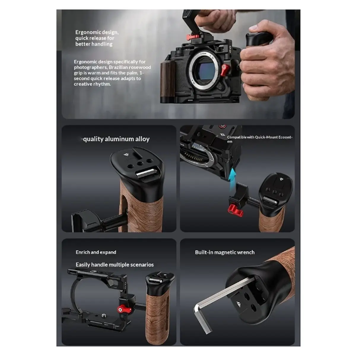 

AT33 Universal Quick Release Side Handle Grip Wooden Handle with 1/4"Thread Holes Cold Shoe for DSLR Camera Camera Cage A
