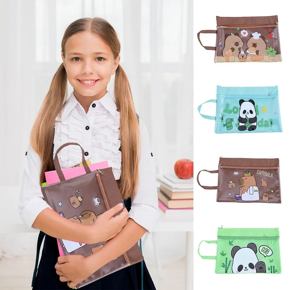 Durable Capybara File Bag Large Capacity Hand-held Zipper Bag Double Layer Panda Homework Storage Bag